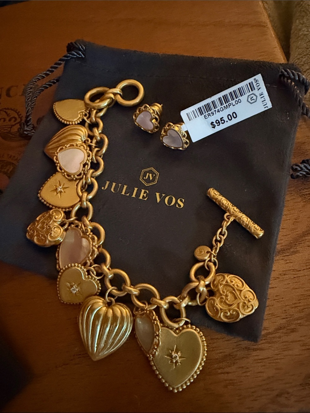 Julie Vos Goldtone Heart Charm Bracelet and Matching Heart MOP Earrings